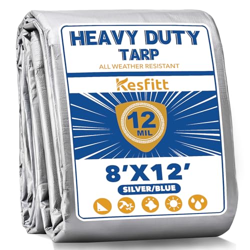 Kesfitt 12 Mil Heavy Duty Waterproof Tarp with Metal Grommets 8x12 ft Silver & Blue Reversible Poly Tarp for Outdoor Protection Yard Worksite Pools Vehicles Equipment Coverage