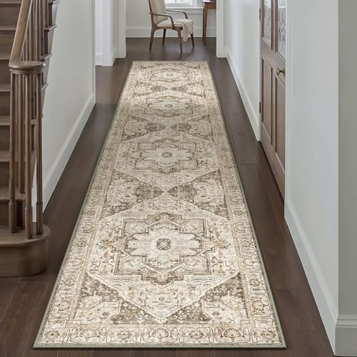 PureCozy Brown Runner Rug 3x10 Vintage Area Carpet Hallway Long Indoor Kitchen Washable Living Room Low Pile Traditional Distressed Retro Accent Throw Rug Non Slip Laundry Bathroom Office Di