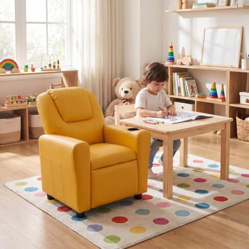 Image of 23 inch W PU Leather Recliner Chair with Cup Holder and Recline, Yellow | Mini Recliner Chair Comfort with Adjustable Footrest & Backrest, Youth Boys Girls Recliner for Reading, Gaming, TV, Lounging