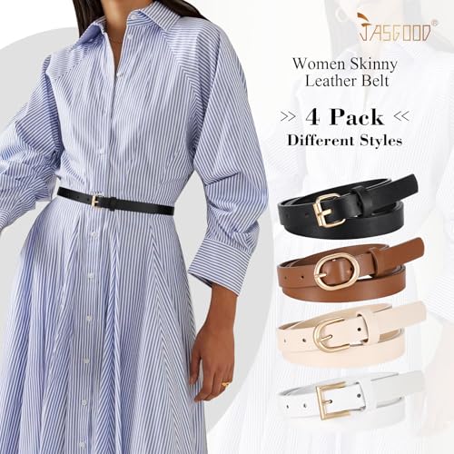JASGOOD 4 Pack Women Skinny Leather Belt for Dresses with Gold Buckle Ladies Thin Waist Belt for Jeans Pants2
