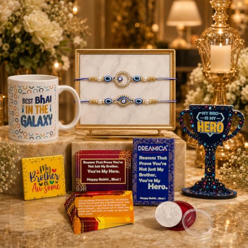 Image of Dreamica Designer Set of 2 Rakhi, Mug, Silver Coin, Trophy Showpiece, Set of 8 Cards, Fridge Magnet, Greeting Card and Tilak Set| Best Rakhi Gift for Brother