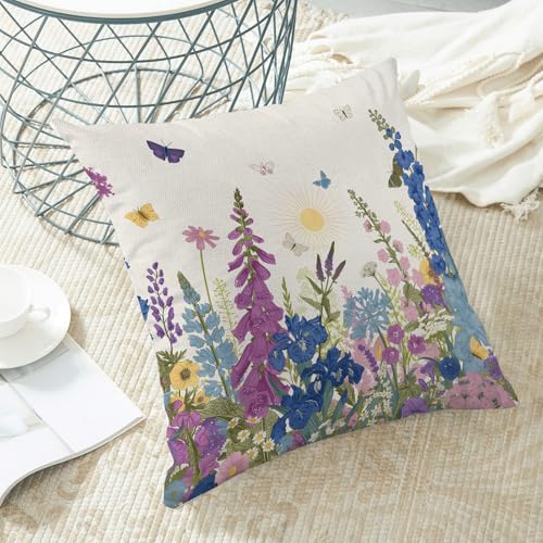 Image of AEIOAE Spring Pillow Covers 18x18 Inch Set of 2, Navy Blue Sage Green Pink Wild Flower Throw Pillows Case,Seasonal Floral Plant Outdoor Decorative Farmhouse Decor Cushion Covers for Sofa Bed Couch