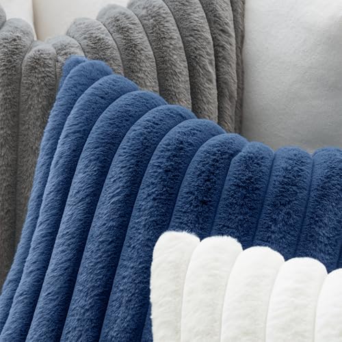Image of MIULEE Faux Fur Decorative Throw Pillow Covers 18x18 Set of 2 Navy Blue | Coastal Modern Art Home Decor Soft Plush Couch Pillows Cozy Fluffy Cushion Covers for Sofa Bed Living Room