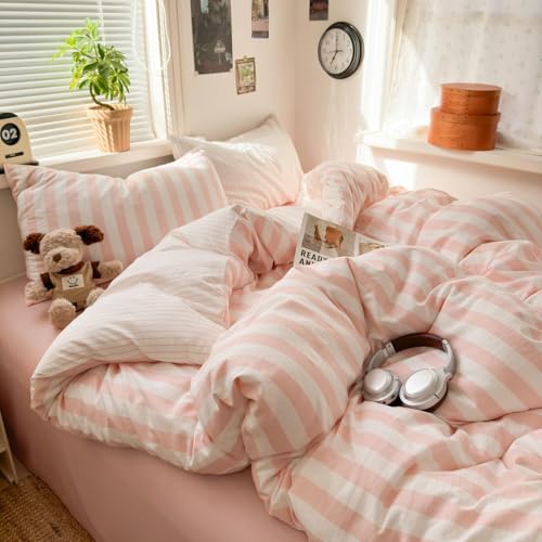 Image of Striped Duvet Cover Queen Size Pink White Stripes Bedding Set Modern Vertical Striped Reversible Duvet Cover Set Soft Lightweight Microfiber Quilt Cover with Zipper Closure and 2 Pillowcases