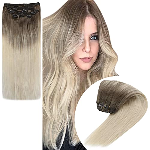 VeSunny Balayage Clip in Hair Extensions Blonde Human Hair #14 Dark Golden Blonde Mix #60 Platinum Blonde Ombre Clip in