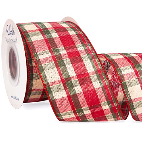Ribbli Christmas Ribbon Wired, Red Moss and Ivory Plaid Ribbon 2-1/2 inch x Continuous 10 Yard, Christmas Tree Ribbon for Topper Bow,Wreath and Swag,Tree Decoration,Gift Wrapping