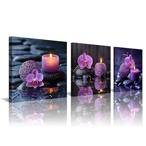 NAN Wind 3PCS Zen Canvas Wall Art Purple Orchid Spa Decor Aromatherapy Candle Black Stone Prints Modern Meditation Room Decor Bathroom Yoga Studio Wall Pictures Relaxing Home Artwork Ready to Hang