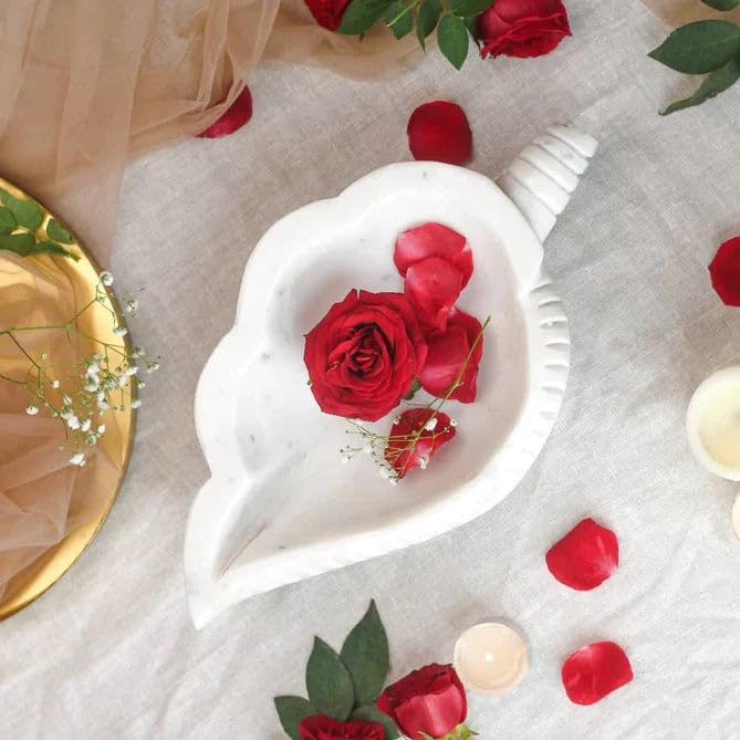 LE HOME DECOR Marble Shell Bowl, Handcrafted Marble Decorative Leaf Shaped Bowl, Decorative Flower Display Dish, Antique Trinket Dish