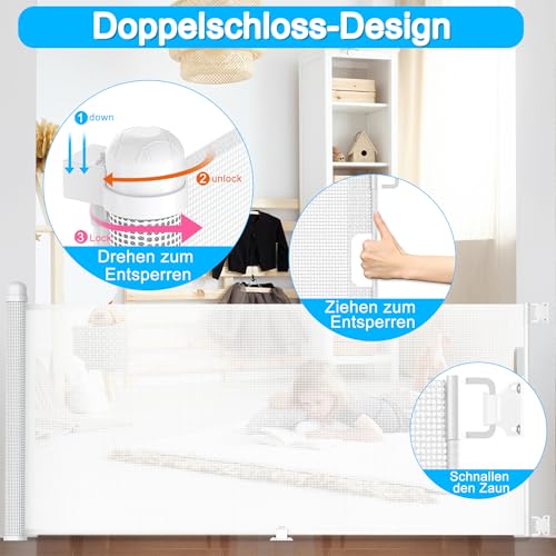 YUENFONG Treppenschutzgitter Ausziehbar Türschutzgitter, 0-300 cm Absperrgitter Schutzgitter Baby Kindergitter, Treppenschutz Treppenschutzrollo Türgitter Einziehbares Tür, Weiß