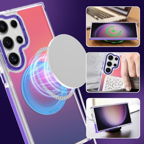 Image of Magnetic for Samsung Galaxy S23 Ultra Case with 360 Stand [Compatible with Magsafe] [Fluorescent Design] [1 Screen Protector] Slim Translucent Matte Case for Galaxy S23 Ultra 6.8 inch, Purple