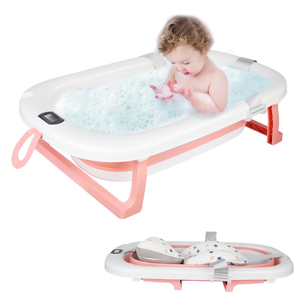 Vasca da bagno pieghevole con termometro, cuscino doccia, presa doccia, ventosa antiscivolo, vasca da bagno pieghevole per neonato, 0-24 mesi (rosa, 80 x 50 x 23 cm)