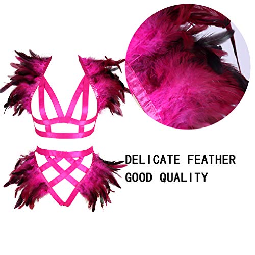 Bbohss Women's Feathers Body Harness Epaulets Wings Punk Gothic Leg Garter Photography Clothing Accessories(Rose Red #TOP2