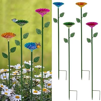 Retyion 4 Pack Bee Watering Station, Bee Bath for Garden Metal Bee Water Feeder with Flower Design, Colorful Butterfly Bee Bath Bowl for Outdoor Garden Yard Decor (Red,Green,Blue,Yellow)