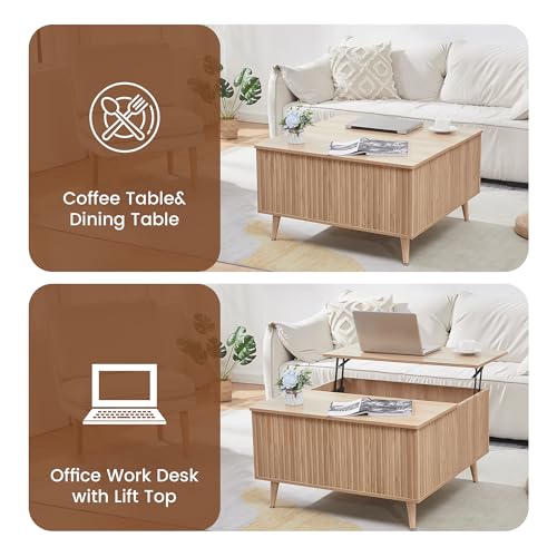 Image of Square Coffee Table for Living Room, Lift Top Coffee Table with Storage, Fluted Coffee Tables with Lifting Top, Mid Century Modern Center Tea Table for Home Office, Studio, Natural Oak