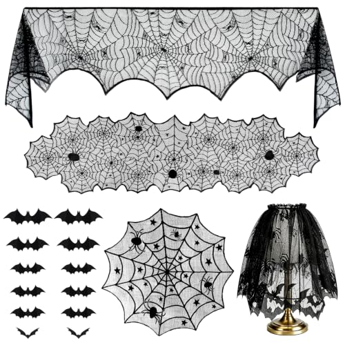 5-in-1 Halloween Decorations Kit, Black Lace Spiderweb Tablecloth, Bats Set