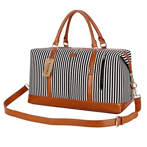 BAOSHA HB-14 Canvas Travel Tote Duffel Bag Carry on Weekender Overnight Bag Oversized for Women and Ladies (Black Strips)