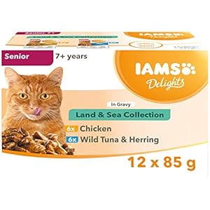 IAMS Delights Complete Wet Cat Food for Senior 7+ Cats Meat and Fish Variety in Gravy Multipack 12 x 85 g Pouches