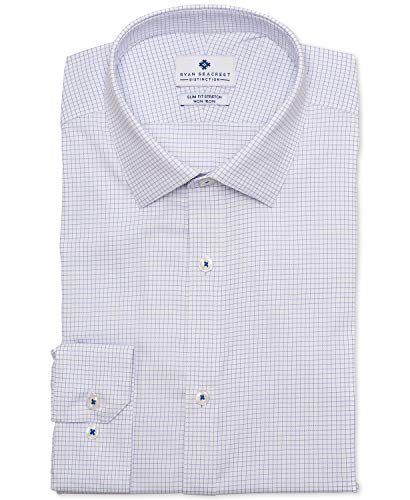 Ryan Seacrest Distinction Men's Tech Slim Fit Spread Collar Dress Shirt, Blue Graph Check, 17 34/35