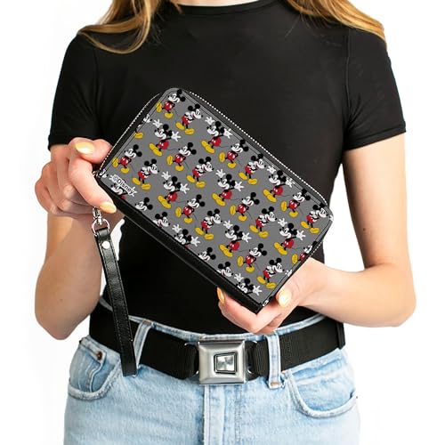 Buckle-Down Disney Wallet, Zip Around, Nerdy Mickey Mouse 3 Pose Stripe Gray, Vegan Leather4