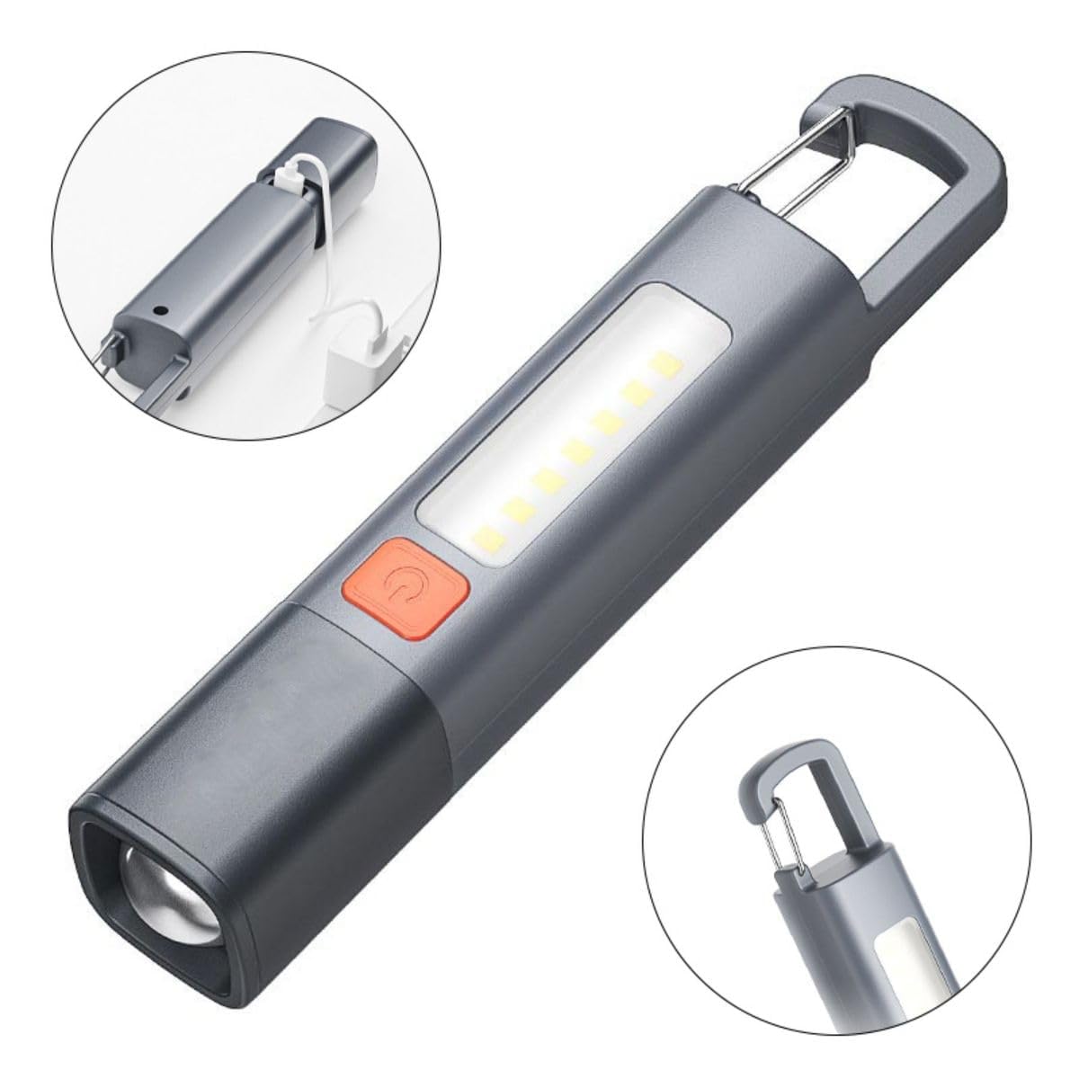 KEMLOZE LED Rechargeable Flashlight | High Lumens, Zoomable & Waterproof | Side Light with Hook | Portable Grey Torch 2