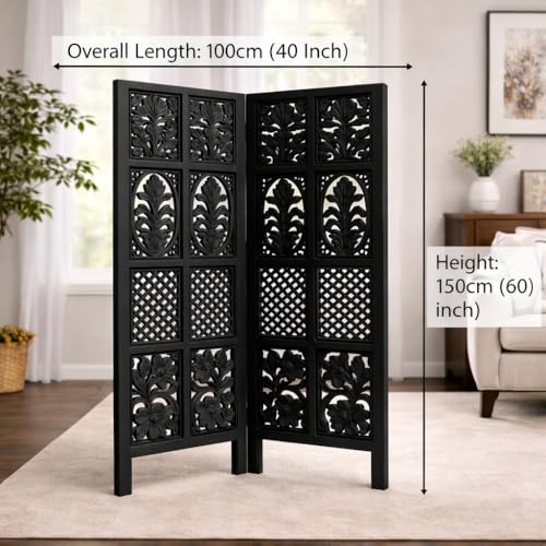 Image of Wooden Room Divider | MDF Privacy Screen Partition | Freestanding Folding Floor Panel | Decorative Carved Handicraft Separator for Living Room, Bedroom & Office (Black, 5 feet 2 Panels)