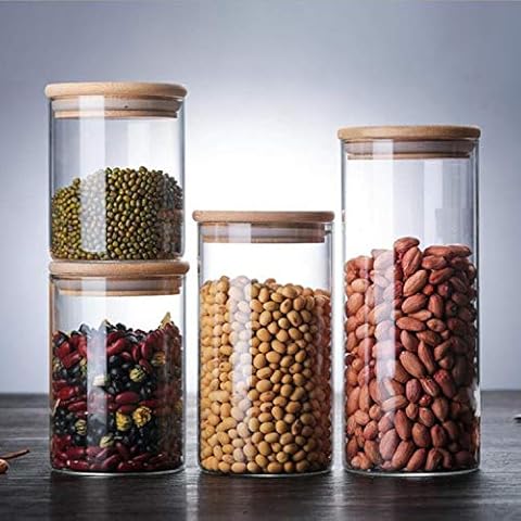4 Different Size Glass Jars, Airtight Storage Jars with Wooden Lid, Food Container Candy Canister Vintage Glass Jar Food Storage Tank Cover