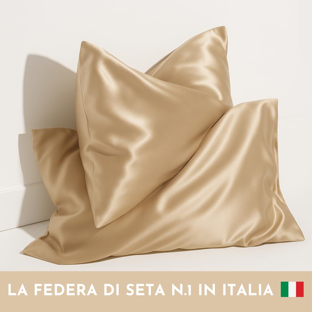 OFFTOPIC Federa 100% Seta Anticrespo e Antirughe, Federe in Seta 22 Momme Certificata OekoTex Antibatterica, Fodere Cuscini Letto Idea Regalo Perfetta, Chiusura Senza Zip 50x75 Caramel