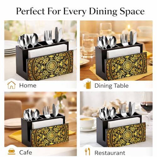 Image of Reinvention Factory Wooden Cutlery & Tissue Holder for Dining Table | Designer Spoon Stand & Napkin Holder Organizer | MDF Wood Kitchen Cutlery Stand with Compartments | Dining Table Decor Organizer