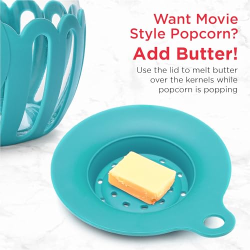 Ecolution Patented Micro-Pop Microwave Popcorn Popper with Temperature Safe Glass, 3-in-1 Lid Measures Kernels and Melts Butter, Made Without BPA, Dishwasher Safe, 3-Quart, Teal