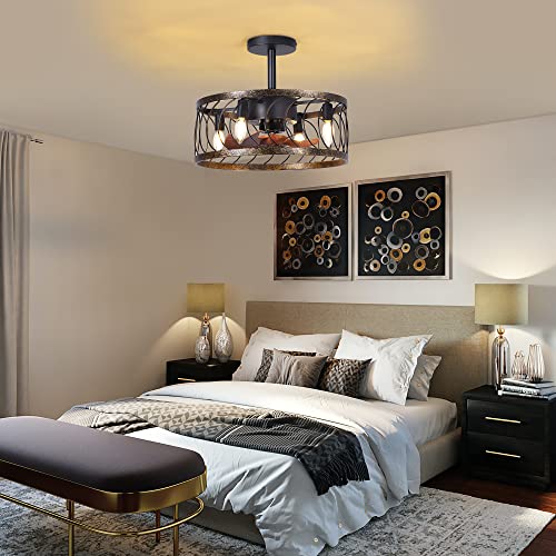 Rustic Hand-Swept Gold Paint Accents Sand Black Fandelier Ceiling Fans With Lights And Remote, Farmhouse Caged Semi-Flush Mount Ceiling Fan With Height Adjustment, Reverse Quite Motor For Indoor #TOP1