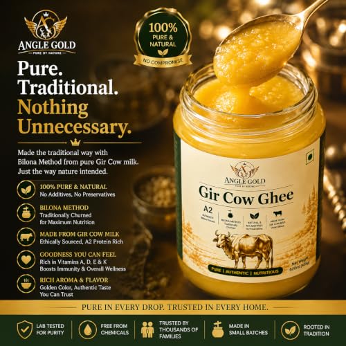 Image of ANGLE GOLD - a2 ORGANIC GHEE - SHREE FOOD a2 Gir Cow Ghee, Organic, Bilona Method, 500ml