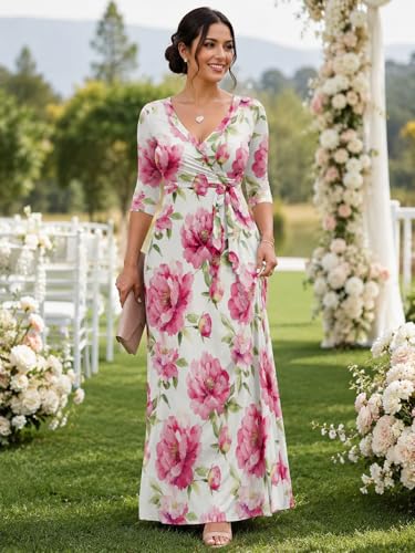 Image of SUZONANA Plus Size Dresses for Women Floral Print Maxi Dress Flowy 3 /4 Sleeve with Belt