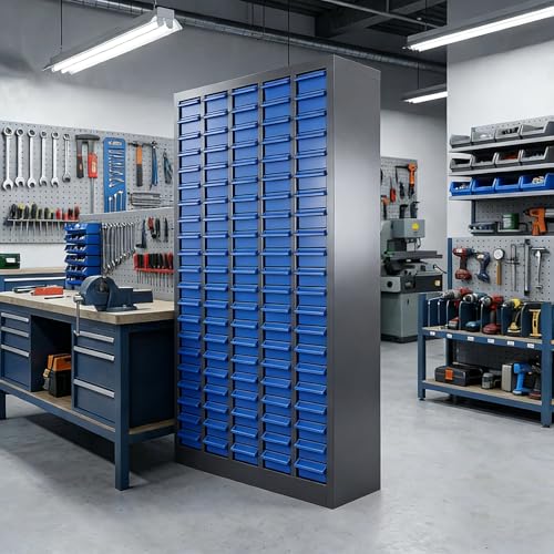 100-Drawer - Nut and Bolt Organizer | Stainless Steel Part Storage Cabinet | Shelves & Labels | Each Drawer 3.9 D x 7.8W x 2 H | Durable Hardware Storage for Small Parts/Tool (Classroom Home)
