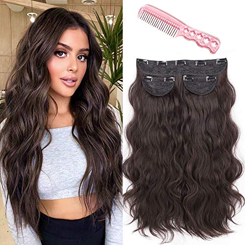 Dee Thens Clip in Synthetic Hair Extension for Women with Clip in Dark Brown Curl Wavy Hair Extensions Thick Hairpiece Wavy Full Head Hidden Crown Hairpiece 3PCS 20 Inches 260g.