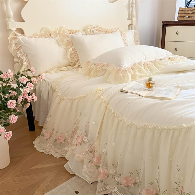Parure de Lit 4 Pièces à Dentelle Style Français Chic - Couverture-Drap,Drap de Lit et Housses de Traversin pour Fille,Literie Style Coréen Princesse,Ultra Doux et Léger(White,Twin)