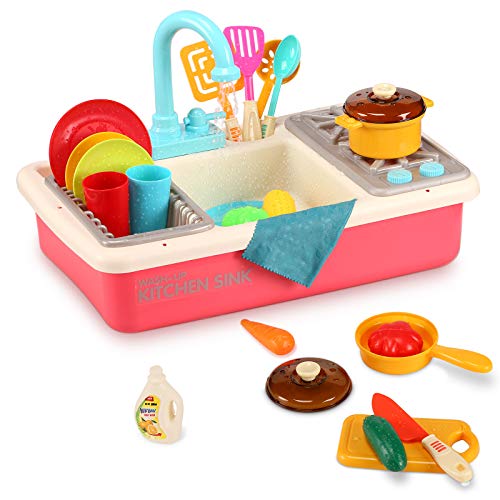 Pretend Play Kitchen Sink Toys with Play Cooking Stove, Pot and Pan , Dish Rack & Play Cutting Food, Utensils Tableware with Spray Realistic Light and Sound, Accessories for Toddlers Kids