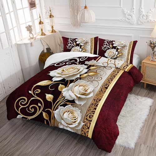 Image of AILONEN White Rose Comforter Set Queen Size for Girls Women, Bohemian Floral Bedding Set 3Pcs,Beautiful Flower Soft Duvet with 2 Pillowcases