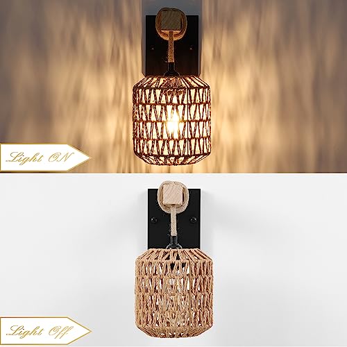 Image of Rattan Boho Wall Sconces Set of Two, Hardwired Hand-Woven Farmhouse Wall Lamps with Wooden Arm & On /Off Dimmable Switch,Large Rustic Indoor Wall Mount Light Fixtures for Bedroom Nursery Bathroom