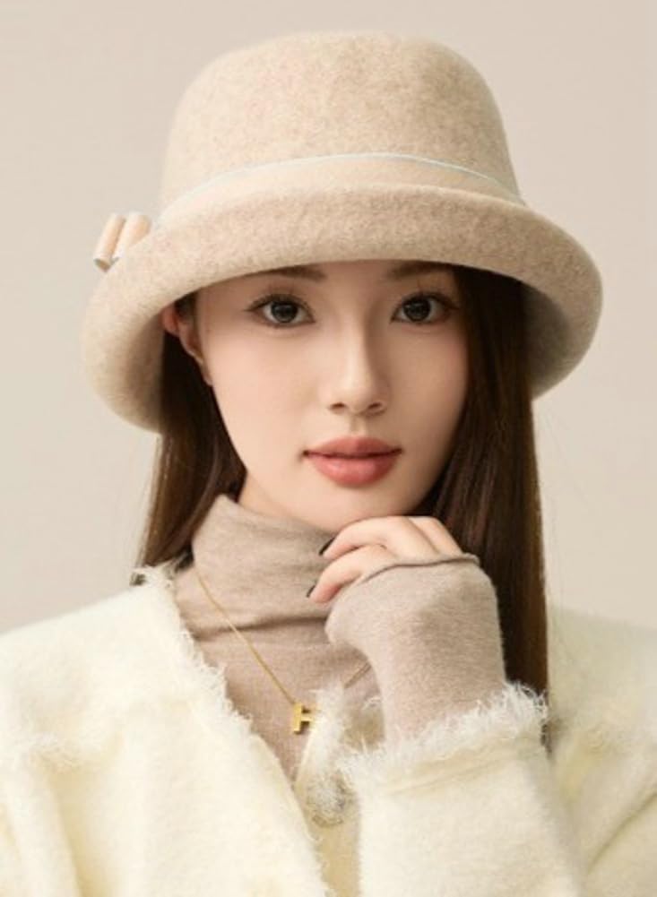 Women Vintage Felt Cloche Hats Winter Fall Solid Fedora Bucket Caps Elegant Bowler Hat Bowknot - Image 2