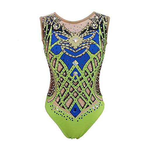 LIUHUO Handmade Synchronized Swimming Suits Girls Training Competitive Leotards (Green,12-15 Years)
