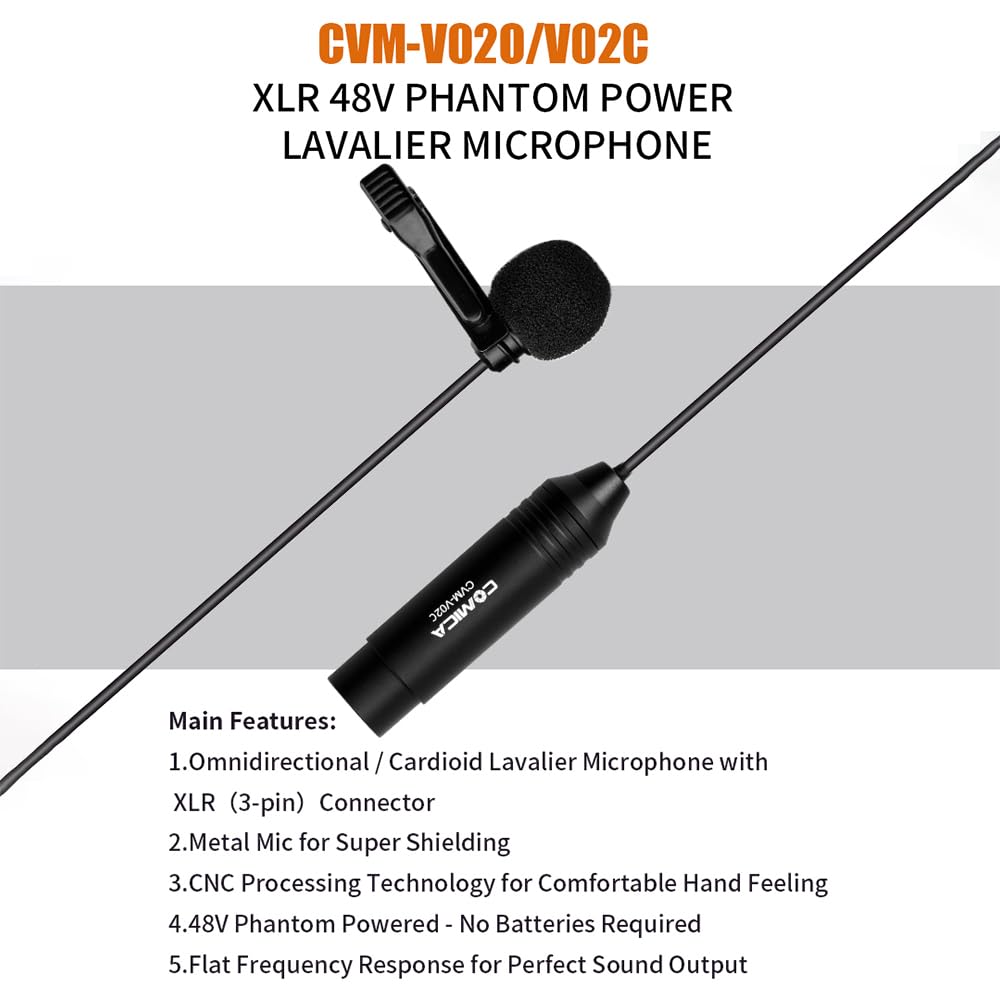 HUIOP micrófono lavalier CVM-V02C Micrófono de Solapa cardioide Lavalier Micrófono de Condensador Conector XLR Admite alimentación Fantasma de 48 V Compatible con videocámaras Grabación de Video