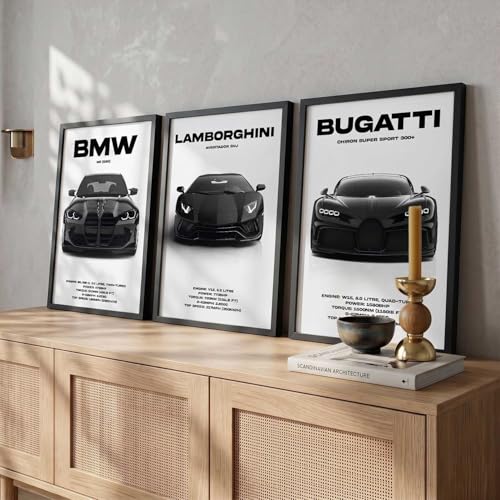 Image of walllane Big BMW M3, Lamborghini Aventador, Bugatti Chiron Cars Framed Posters Gift Items for Boys Room Wall Decoration | Car Poster Frame for Wall Decor Set Of 3 Size (13x17 inch), Framed