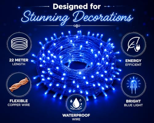 Image of Quace 72 Feet Blue LED Fairy String Lights with 52 LEDs | Flexible Wire Waterproof Decorative Lights for Diwali, Christmas, Wedding, Bedroom, Balcony, Party & Home Decor (1 Pack)