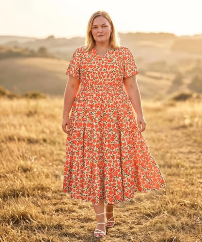 Image of TIYOMI Women Plus Size Dress Boho V Neck Short Sleeve Beach Maxi Dresses Floral /Stripe /Leaves /Lemon XL-5XL