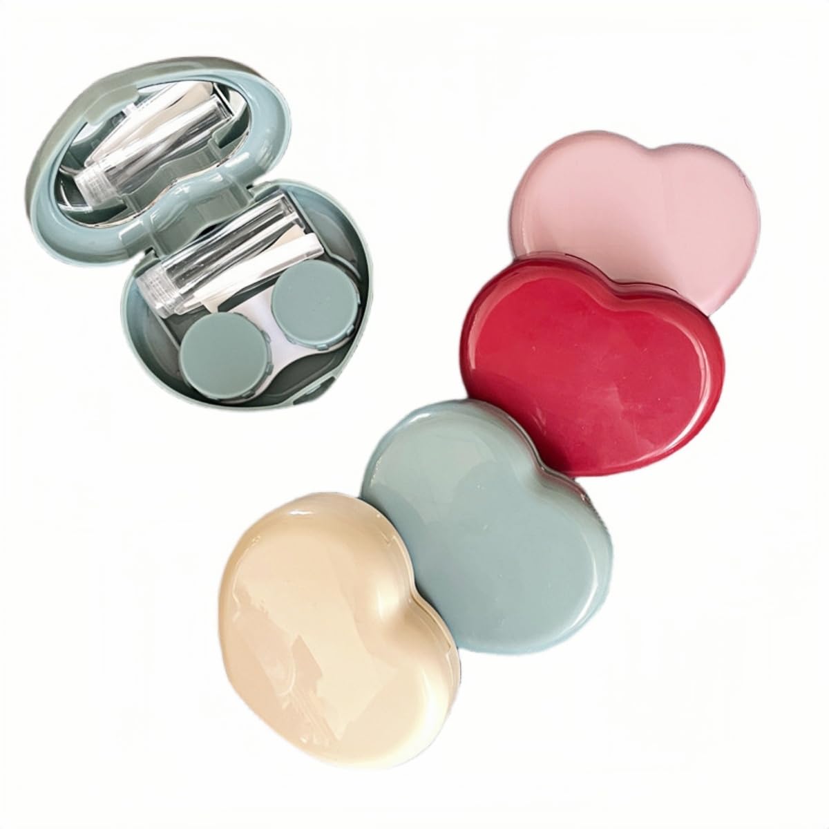 BEDARTIST 4 Pack Heart Shape Contact Lens Cases, Travel Eye Contacts Case Box Holder, Portable Contact Lenses Tweezers Remover Tool Solution Bottle