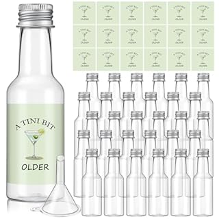 LOYIM 30 Pack 1.7oz a Tini Bit Older Mini Liquor Plastic Alcohol Bottles with Caps and Labels Birthday Party Decoration Small Plastic Bottle with 5 Funnels for Birthday Celebration Party Favor