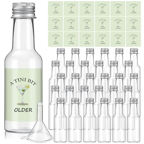 LOYIM 30 Pack 1.7oz a Tini Bit Older Mini Liquor Plastic Alcohol Bottles with Caps and Labels Birthday Party Decoration Small Plastic Bottle with 5 Funnels for Birthday Celebration Party Favor