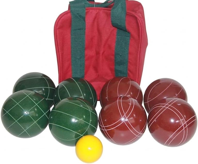 BuyBocceBalls Listing - Made in USA, Premium Quality Tournament Bocce Set - 110mm Dark Green and Dark Red Balls, Nylon Maroon Bag, 998 Grams (2 lbs. 3.2 oz.). Polish. Measure Device