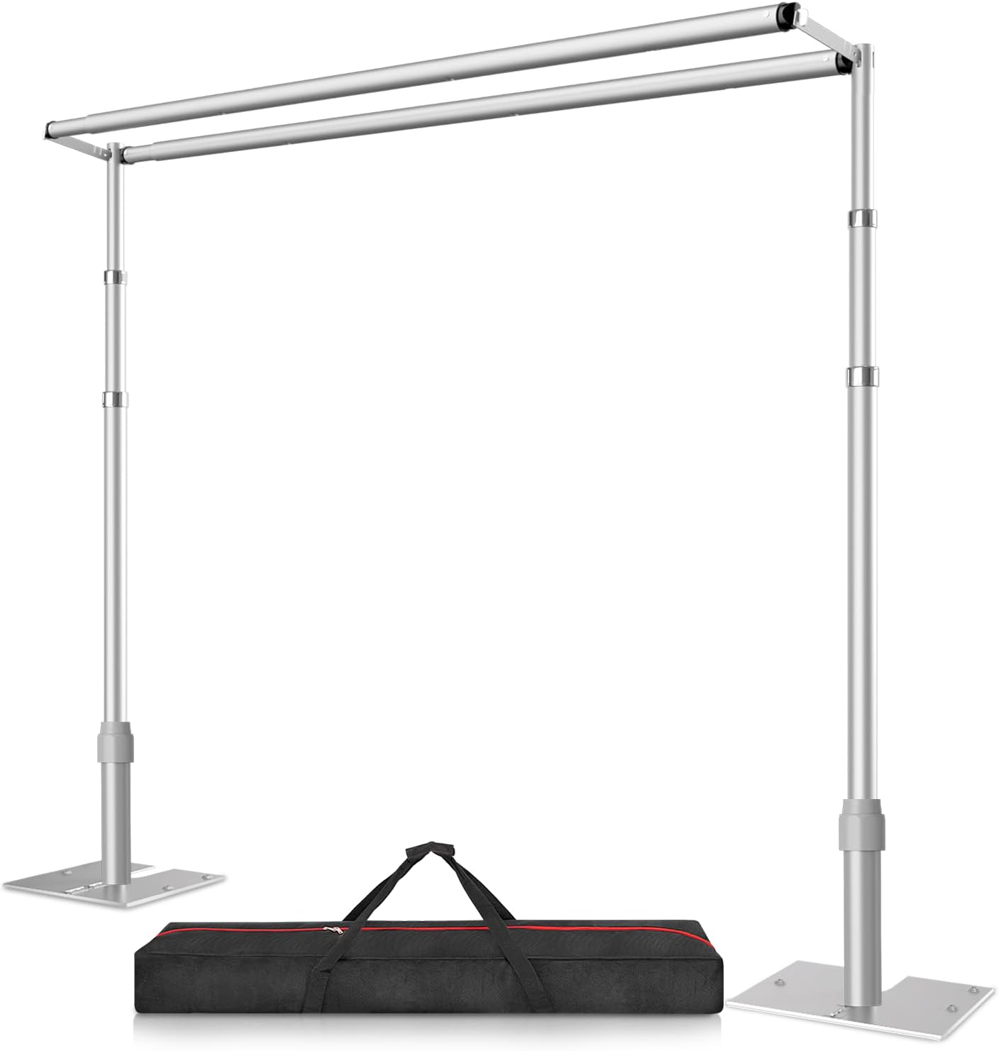 10x10ft Double Crossbar Pipe and Drape Stand Kit, Heavy Duty Backdrop Stand Adjustable, Sturdy Metal Back Drop Decoration Frame with Flat Base for Parties, Flower Wall, Wedding,Trade Shows, Photo Shoot Silver 10ftx10ft-Double Crossbar