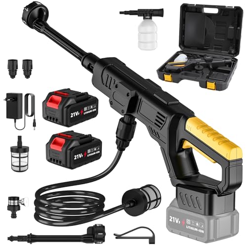 Hidrolimpiadora a Batería, 50 Bar Pistola de Agua a Presión con 2 x 3000mAh Baterías, Boquilla 6-en-1, Motor de 300 W, Manguera 5m, Depósito de Espuma, para Lavar Coches, Jardín